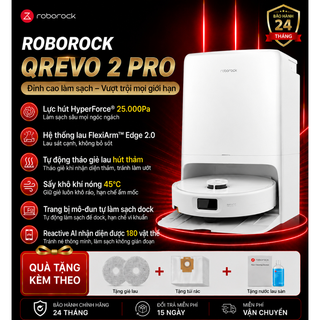 Roborock Qrevo Pro - Robot hút bụi lau nhà, Kích thước 350x353x96.5mm, Dung lượng thùng rác 2.7L, Màu trắng đen