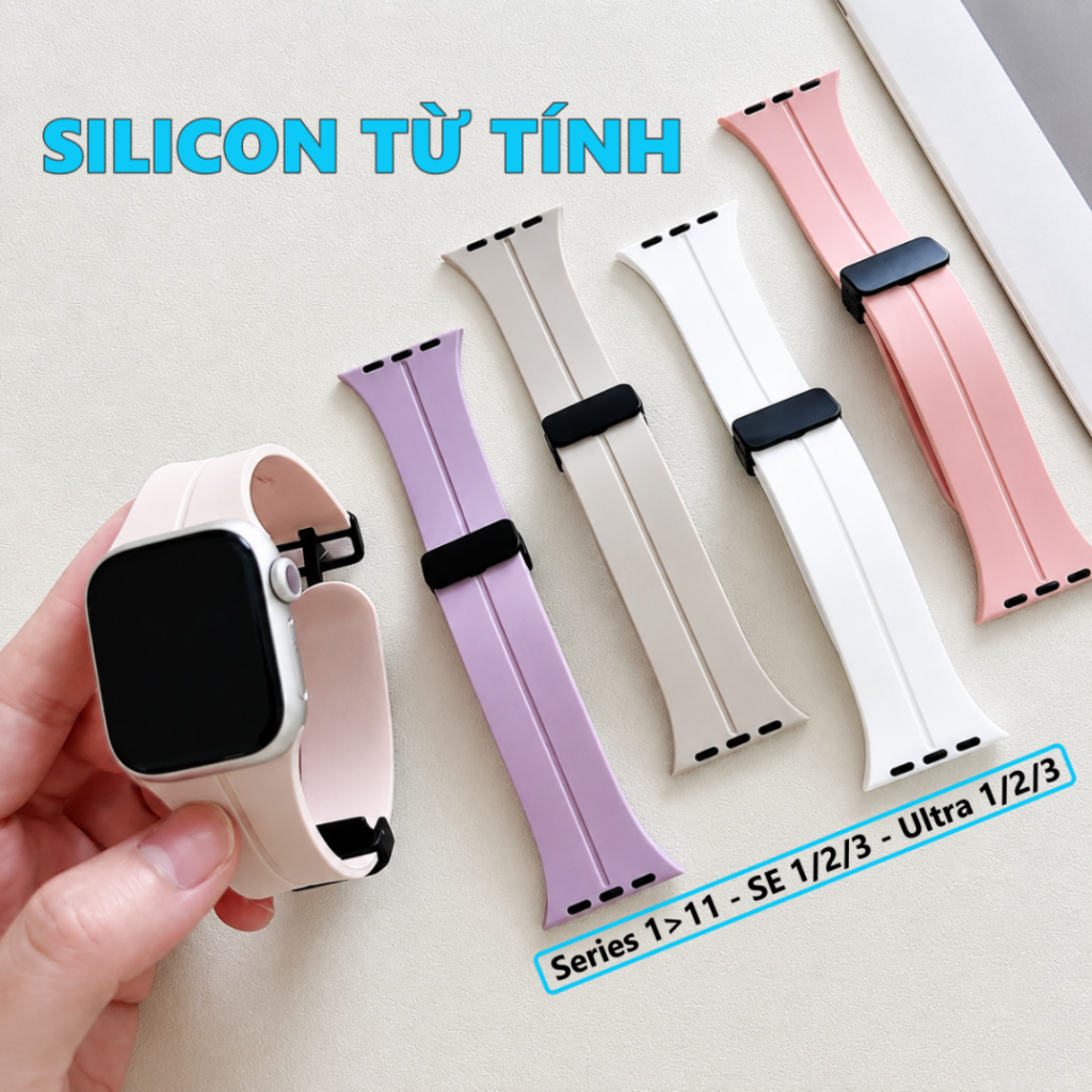 Dây silicon khóa hít từ tính cho Apple Watch Series, SE, Ultra, đồng hồ T800, T700...Size 38-49mm