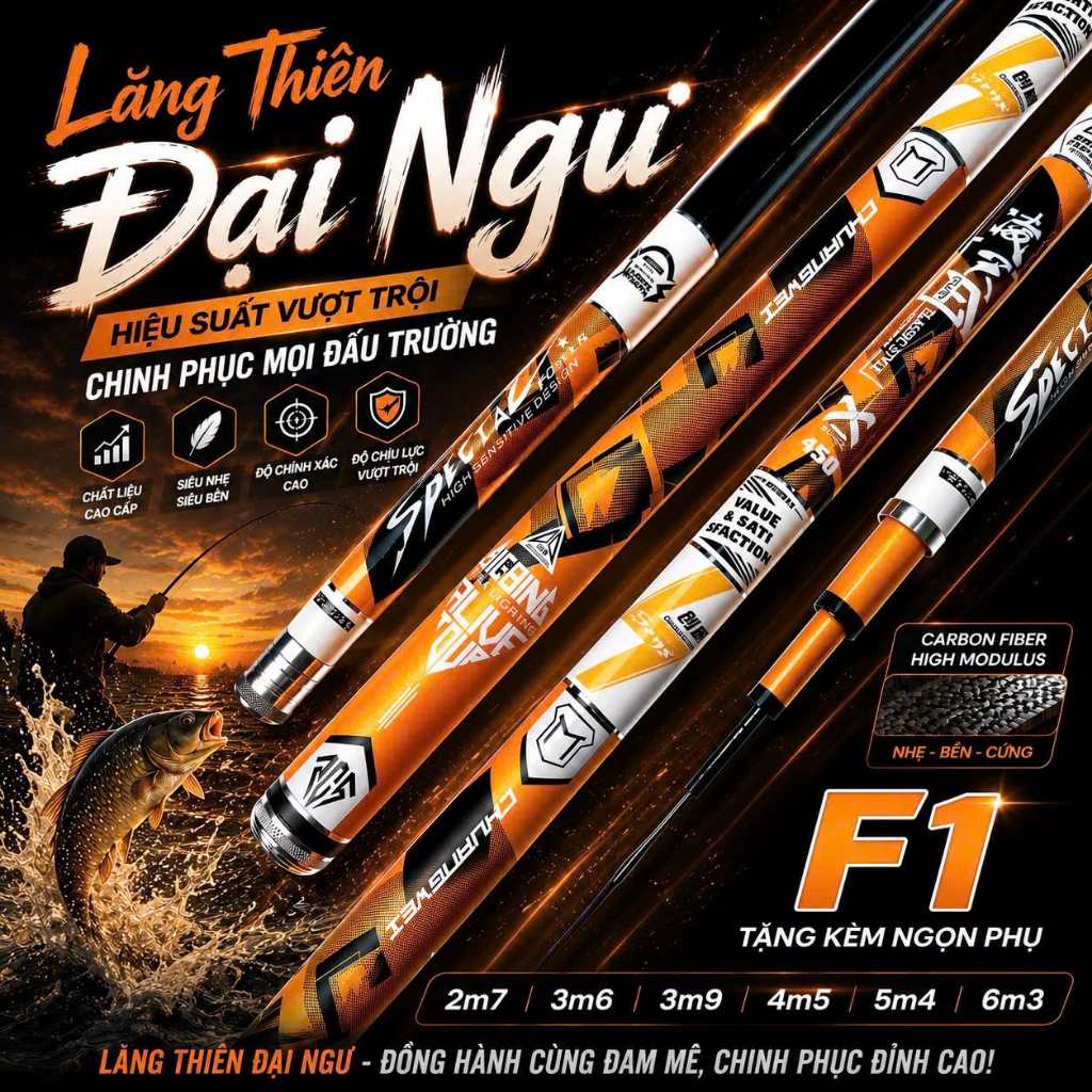 Cần câu tay Lăng Thiên Đại Ngư Vàng độ cứng 5H chuyên câu đơn câu đài tặng kèm ngọn phụ Đồ Câu Việt 