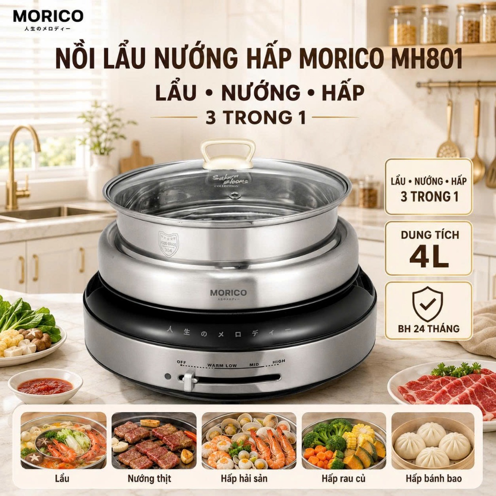 Nồi Lẩu Nướng Hấp MORICO MH801 Đa Năng 3in1 1300W Dung Tích 4L Dùng Điện 220V