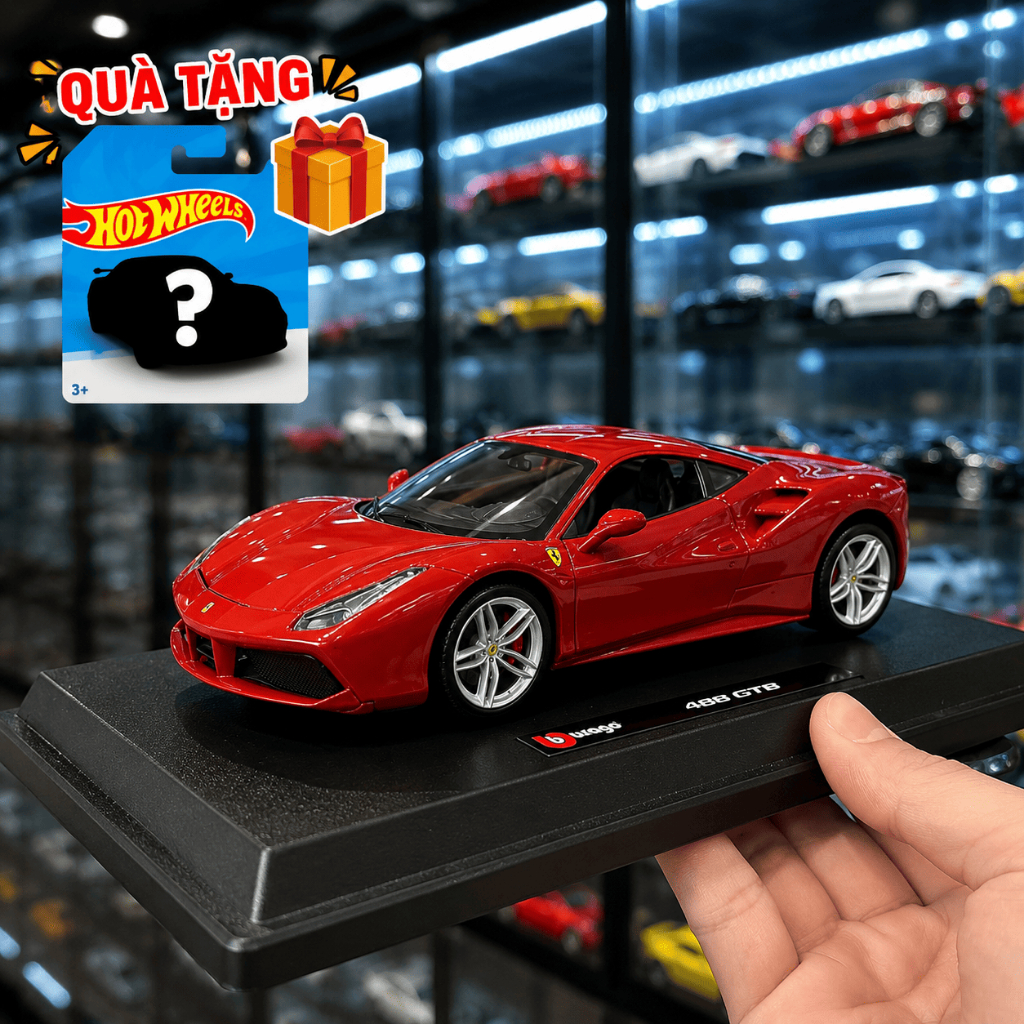 [Tặng hotwheels] Mô Hình Xe Ferrari 488 GTB 1:24 - Hợp Kim Cao Cấp Chính Hãng, Có Bản Quyền Hãng Bbu