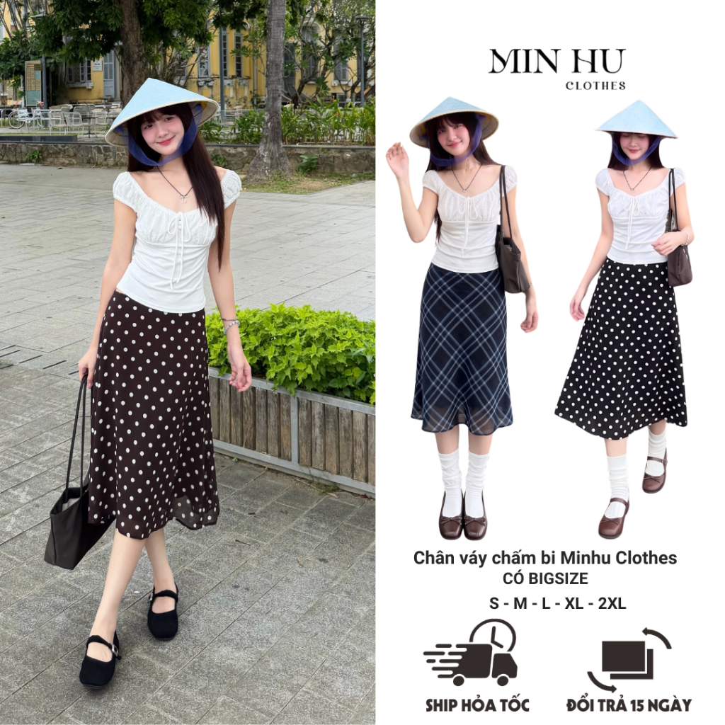 Chân Váy Chấm Bi Dáng Lửng Nữ MINHU CLOTHES Màu Nâu Vintage - Chân Váy Cạp Cao Công Sở Đi Học Đi Chơi [CV04] | BigBuy360 - bigbuy360.vn