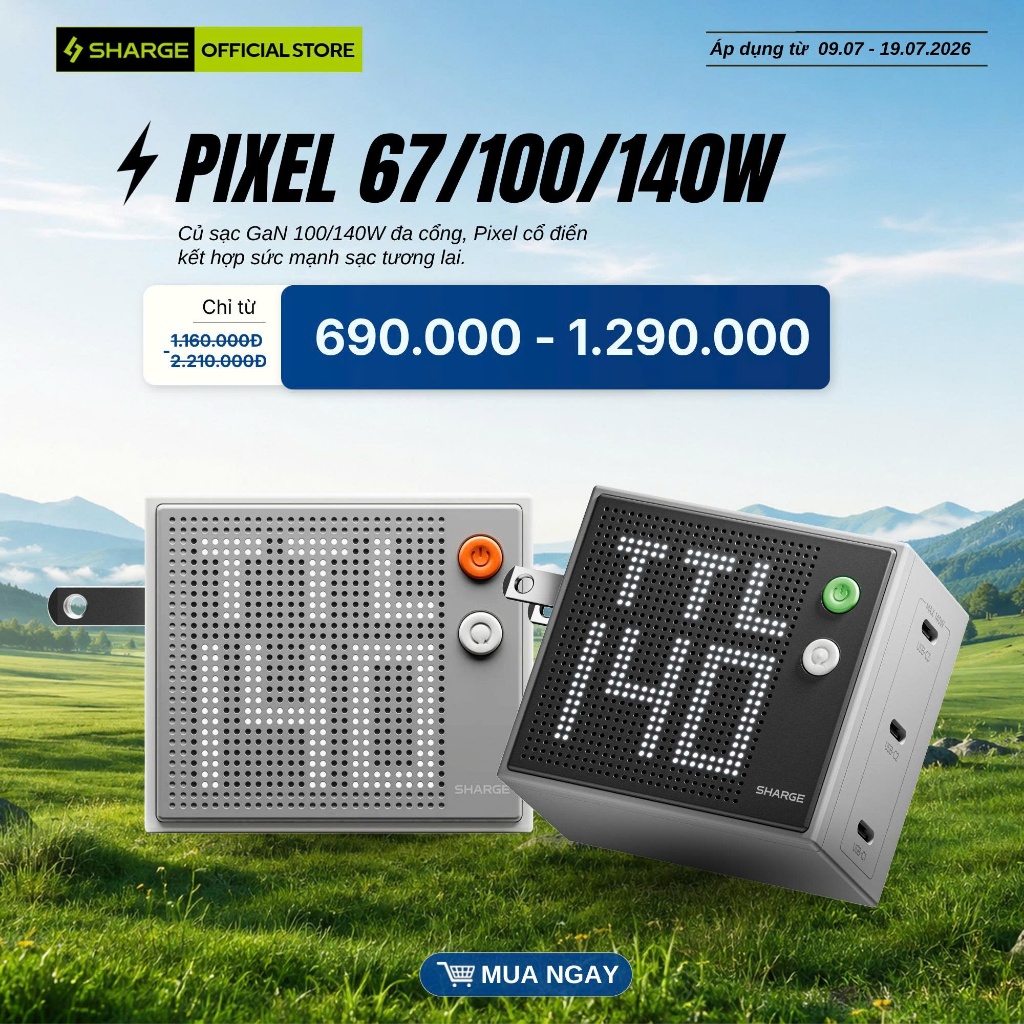 SHARGE Củ Sạc Nhanh Pixel 100/140W,Công Nghệ GaN,3 Cổng USB-C PD 3.1,Màn hình Ma Trận _ Bảo Hành 2 N