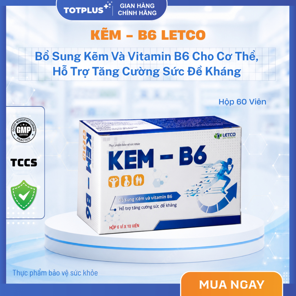 KẼM - B6 - Bổ Sung Kẽm Và Vitamin B6 Cho Cơ Thể, Hỗ Trợ Tăng Cường Sức Đề Kháng - Hộp 60 Viên