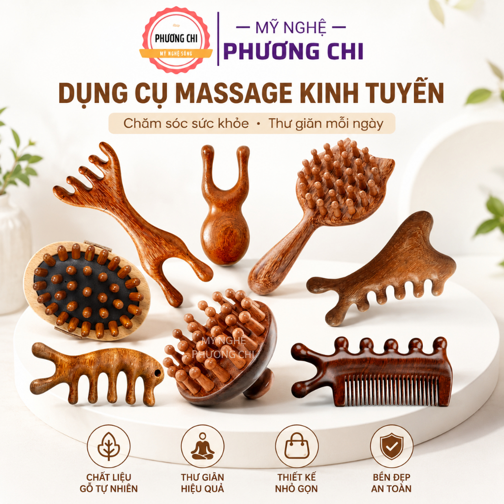 Lược Massage Đầu Gỗ Tự Nhiên, Lược Mát Xa Cổ Vai Gáy Chải dịu da đầu Mỹ Nghệ Phương Chi