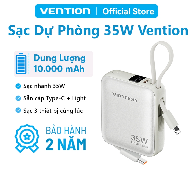 Sạc Dự Phòng 10000mAh Vention 35W Tích Hợp Cáp Sạc USB-C & Light, Hỗ Trợ PD, Thiết Kế Nhỏ Gọn