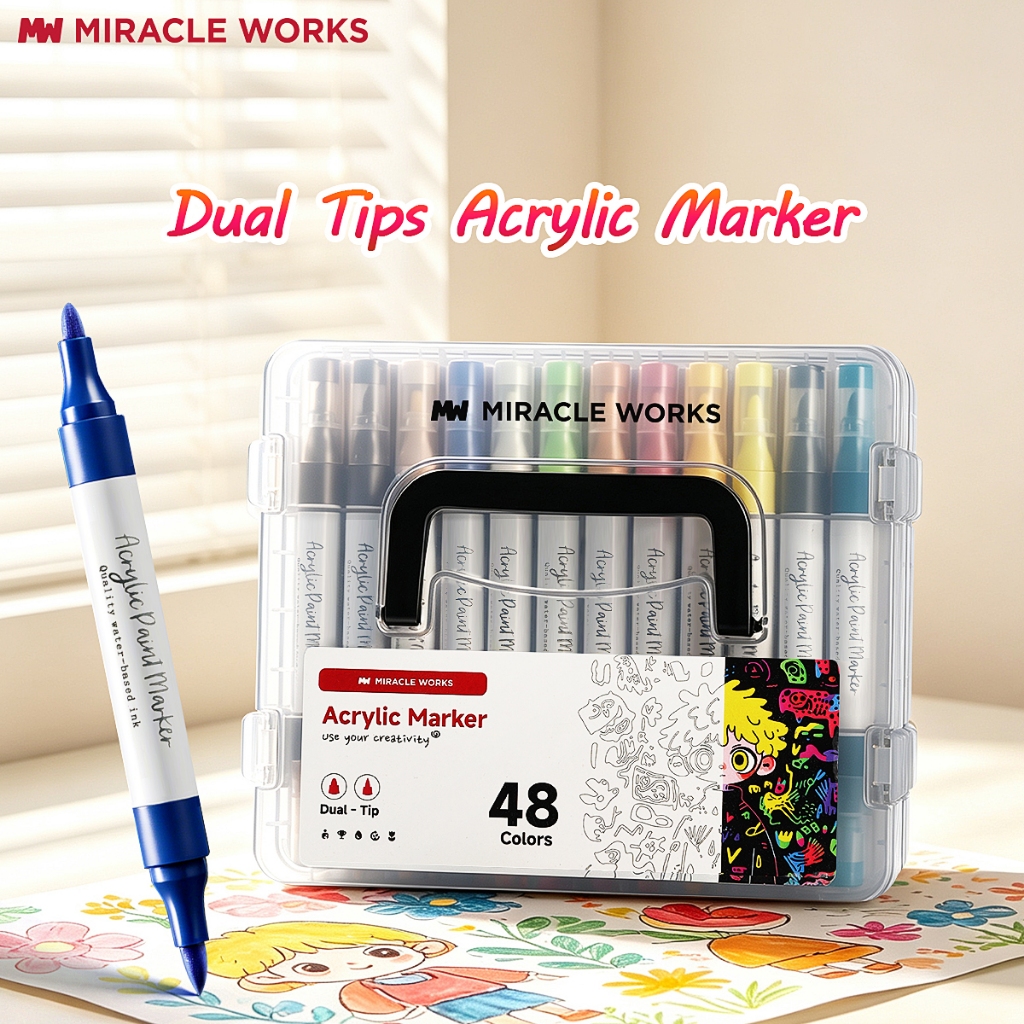 Miracle Works Bút Màu Acrylic Marker,Đầu kép,Màu Tô Trên Mọi Chất,Hộp nhiều lớp,Mũ bút có số,dễ Dang