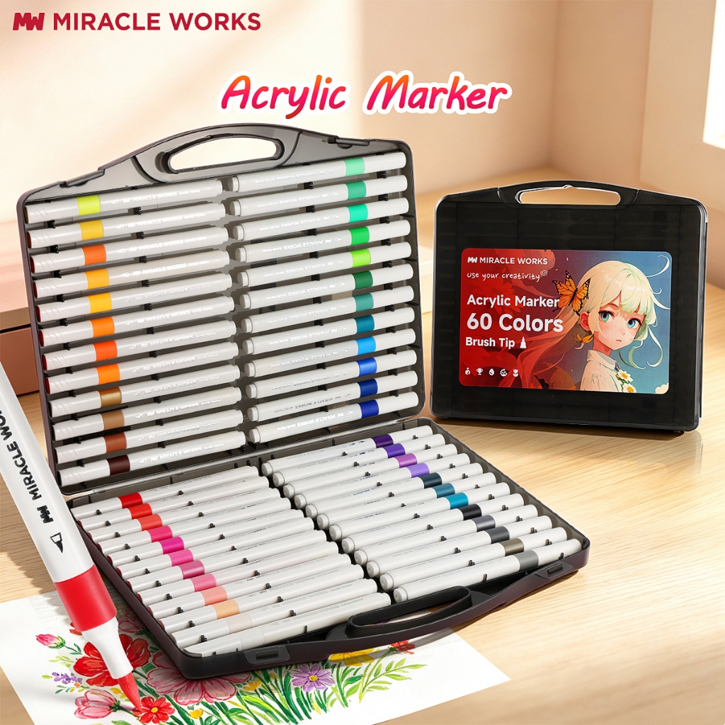 Miracle Works Bút Màu Acrylic Marker (Đầu bàn chải) 12/24/36/48/60/80 màu, Tăng Thêm 90% Mực, Màu Tô