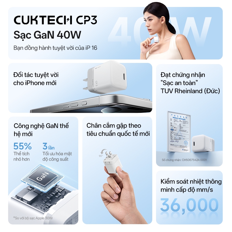 Củ Sạc Nhanh CUKTECH GaN 40W Siêu Nhỏ Gọn Chân Gập Không Nóng Máy Cho iP 17/16/15/iPad Air/Xiaomi 17/Samsung S26 | BigBuy360 - bigbuy360.vn