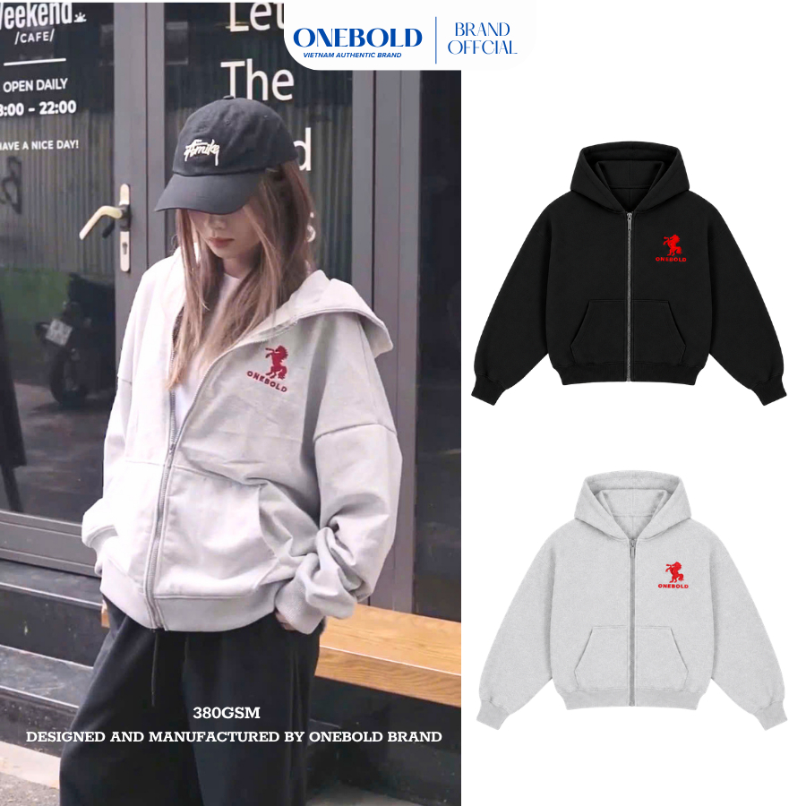 Áo Khoác HOODIE ZIP "THÊU NGỰA" ONEBOLD Chất Nỉ Chân Cua 380GSM,Áo Nỉ Form Rộng Mũ To Nam Nữ Basic