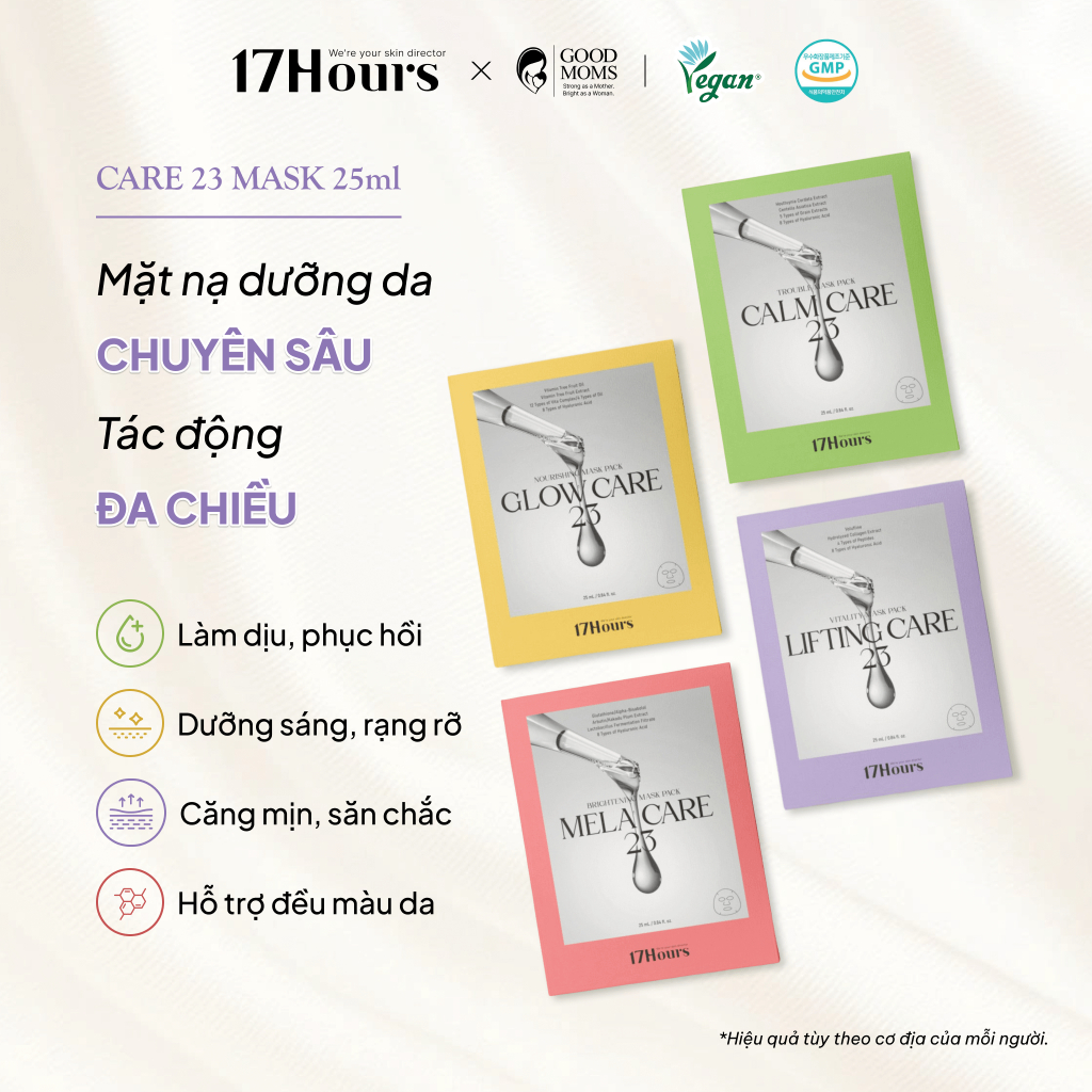 [Lẻ 1 miếng] Mặt nạ 17Hours Care 23 Mask 25ml thuần chay, làm dịu, dưỡng sáng, săn chắc, đều màu da