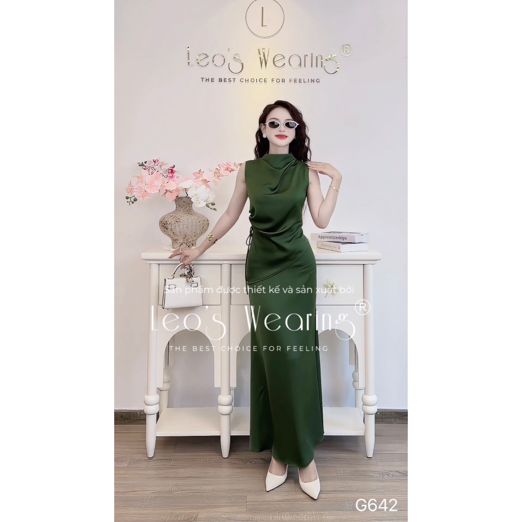 LEOSWEARING Sét Áo Lụa Cổ Cao Thiết Kế Dây Rút Chiết Eo Mix Chân Váy Đuôi Cá Dài G642 G535
