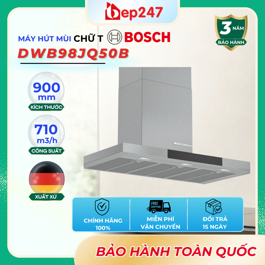 Máy Hút Mùi Bosch DWB98JQ50B Gắn Tường Inox EcoSilence Hút Mạnh 844m³/h Điều Khiển Cảm Ứng