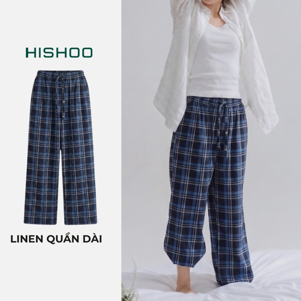 Quần dài Caro Linen Nữ Lưng Thun, Hishoo basic mặc đi chơi, đi làm HISHOO Q3G001