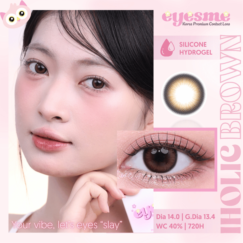 Lens Silicone Hydrogel Eyesme - Iholic Brown -Lens nâu trầm viền đen hack mắt tự nhiên