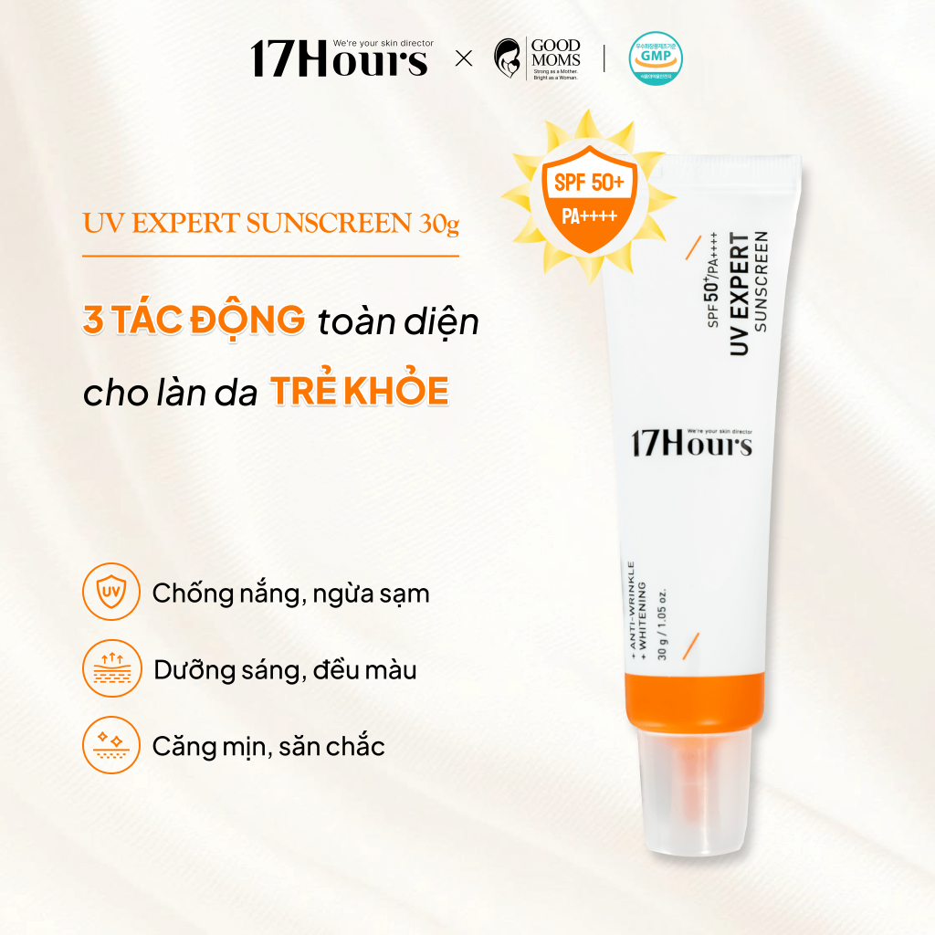 Kem Chống Nắng 17Hours UV Expert Sunscreen SPF 50+/PA++++ (30g), kem chống nắng 2 trong 1, chống nắn