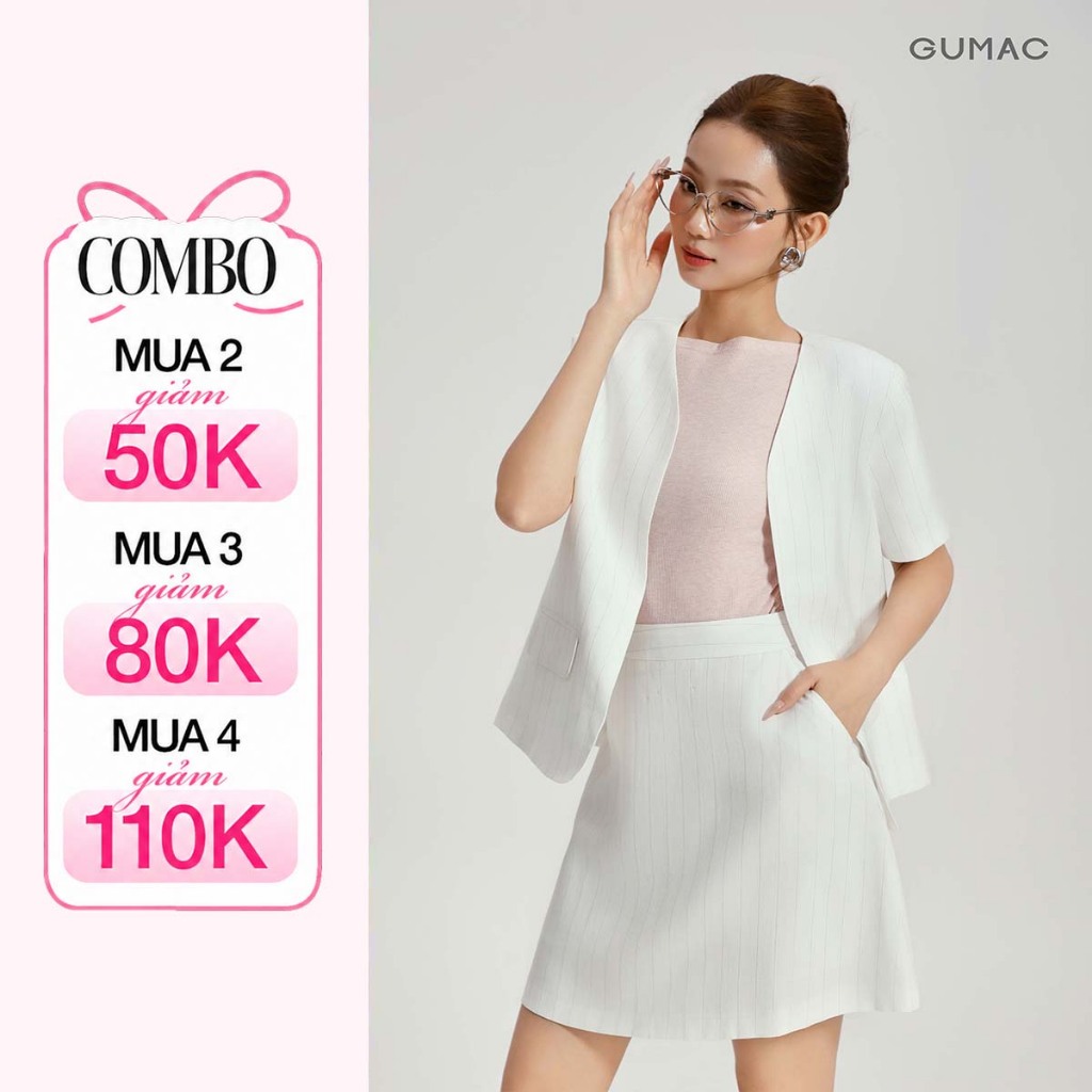 Set Áo Khoác Blazer GUMAC Form Suông Tay Ngắn OWG04096 - OWG04097 - Chân Váy Ngắn Dáng A Xòe Trẻ Tru