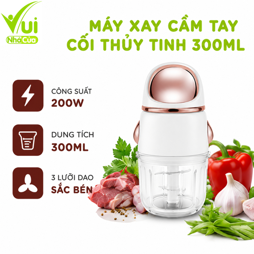 Máy Xay Thịt Cầm Tay Cối Thủy Tinh Công Suất 200W GD108 - Máy Xay Thực Phẩm Mini Thủy Tinh Cao Cấp