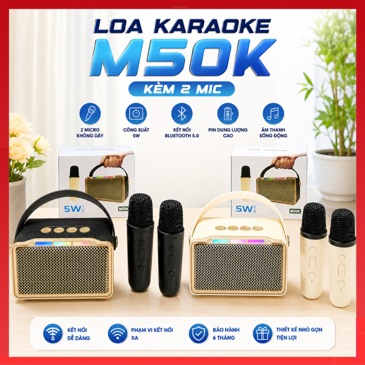 Loa Bluetooth Karaoke Mini M50K / K12 Kèm 2 Micro Không Dây, Thiết Kế Nhỏ Gọn, Thay Đổi Giọng, Dễ Sử