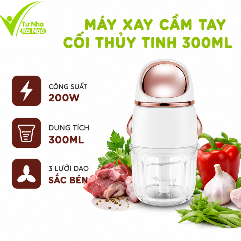 Máy Xay Đa Năng Cầm Tay 3 Lưỡi Dao Inox 304 Cối Thủy Tinh Dày Dặn Dễ Vệ Sinh GD108