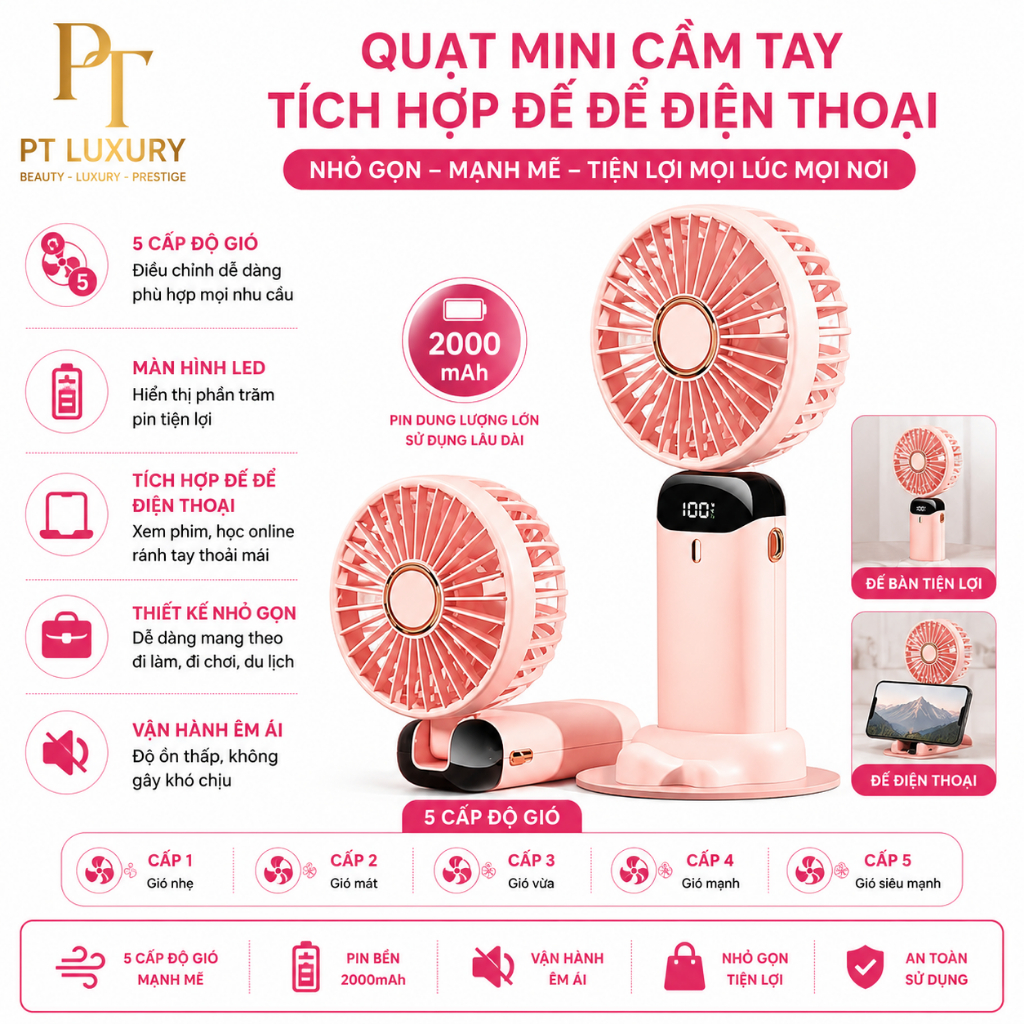 Quạt Cầm Tay Mini PTLUXURY Tích Điện ,Pin Sạc 10.000mAh,5 Tốc Độ Gió Có Dây Đeo Cổ,Đèn LED Hiển Thị Mẫu Mới