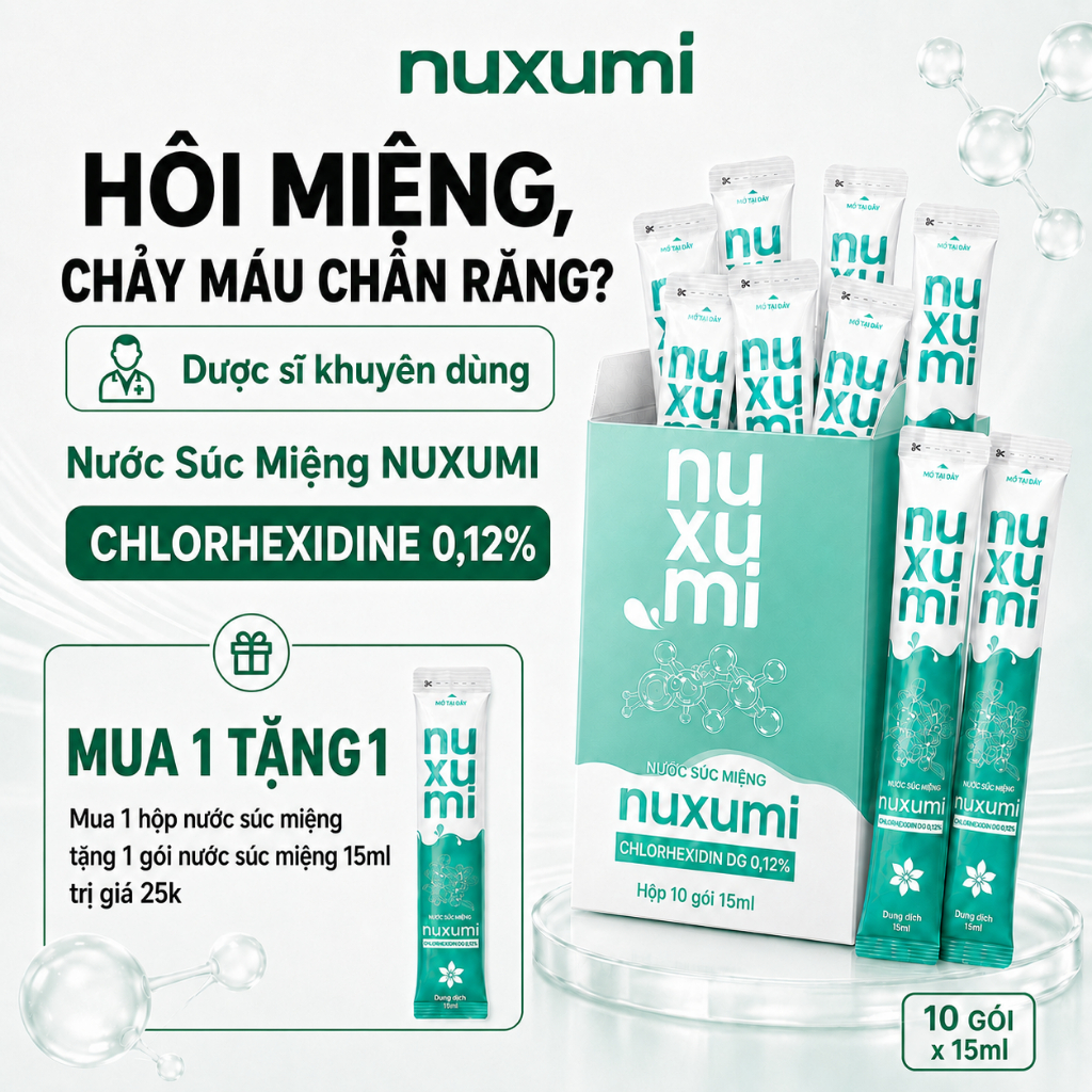 Nước Súc Miệng Nuxumi Giảm Hôi Miệng, Chăm Sóc Nướu, Hơi Thở Thơm Mát, Không Cồn, Hộp 10 Gói 15ml