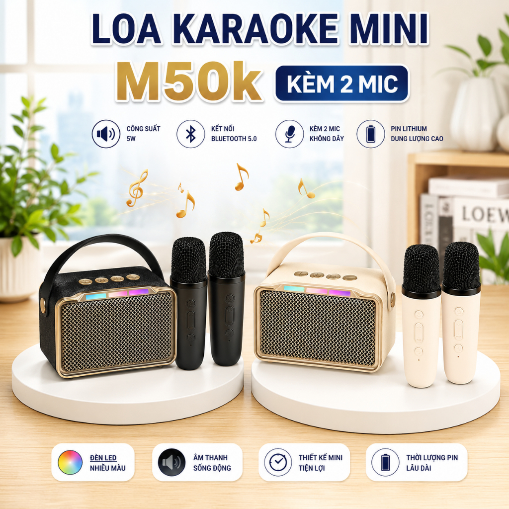 Loa Bluetooth Karaoke Xách Tay M50k Kèm 2 Mic , Âm Thanh Cực Hay , Bass Ấm , Pin Cực Trâu
