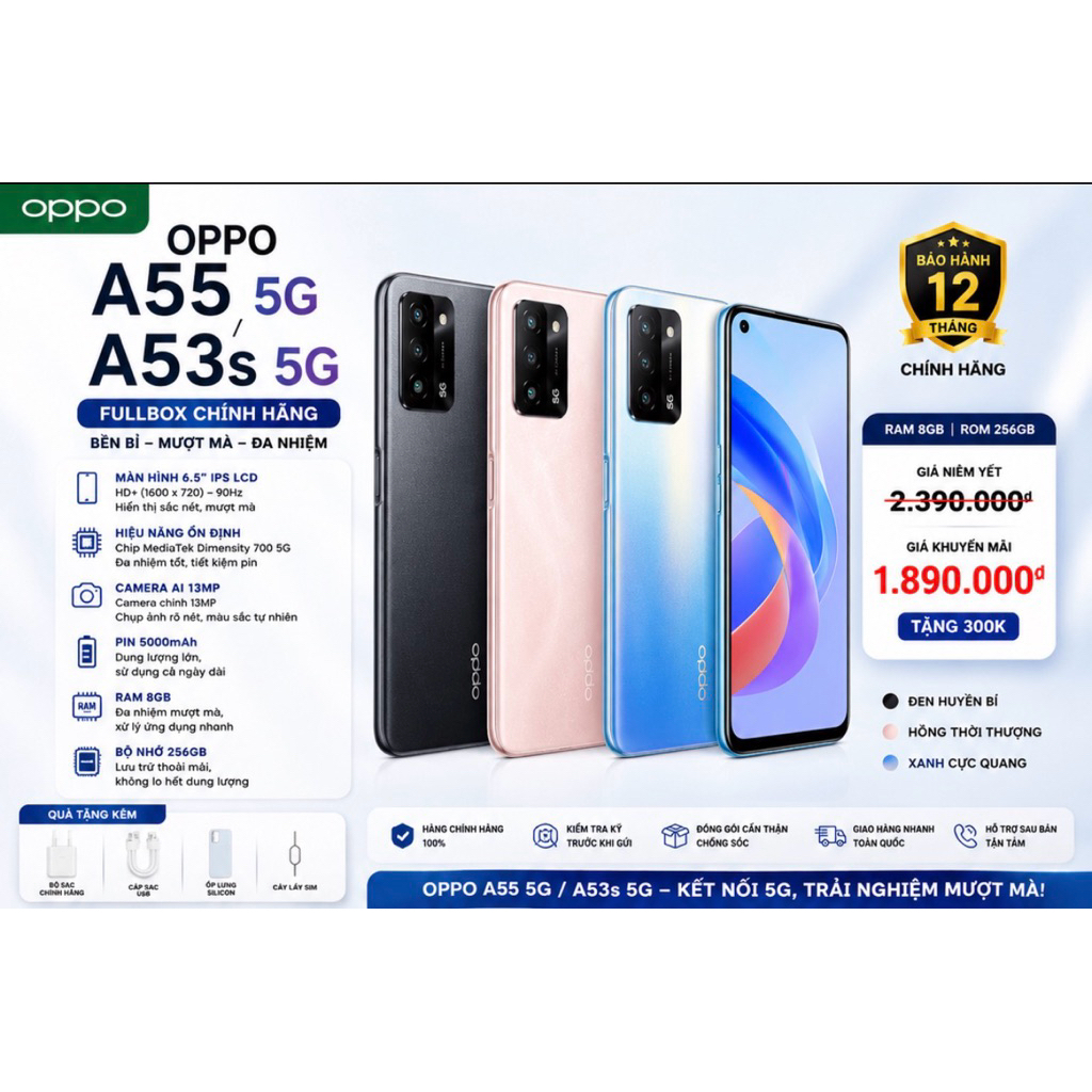 Điện Thoại OPPO A55 5G / A53s 5G 8GB/256GB Fullbox | Kết Nối 5G | Pin 5000mAh | Bộ Nhớ Lớn | Bảo Hàn