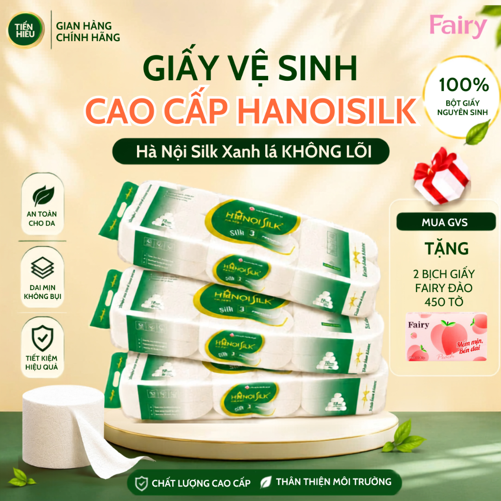 Giấy Vệ Sinh HaNoi Silk Xanh Lá 3 Lớp, Bịch 10 Cuộn Không Lõi Tan Ngay Trong Nước - TẶNG GIẤY FAIRY