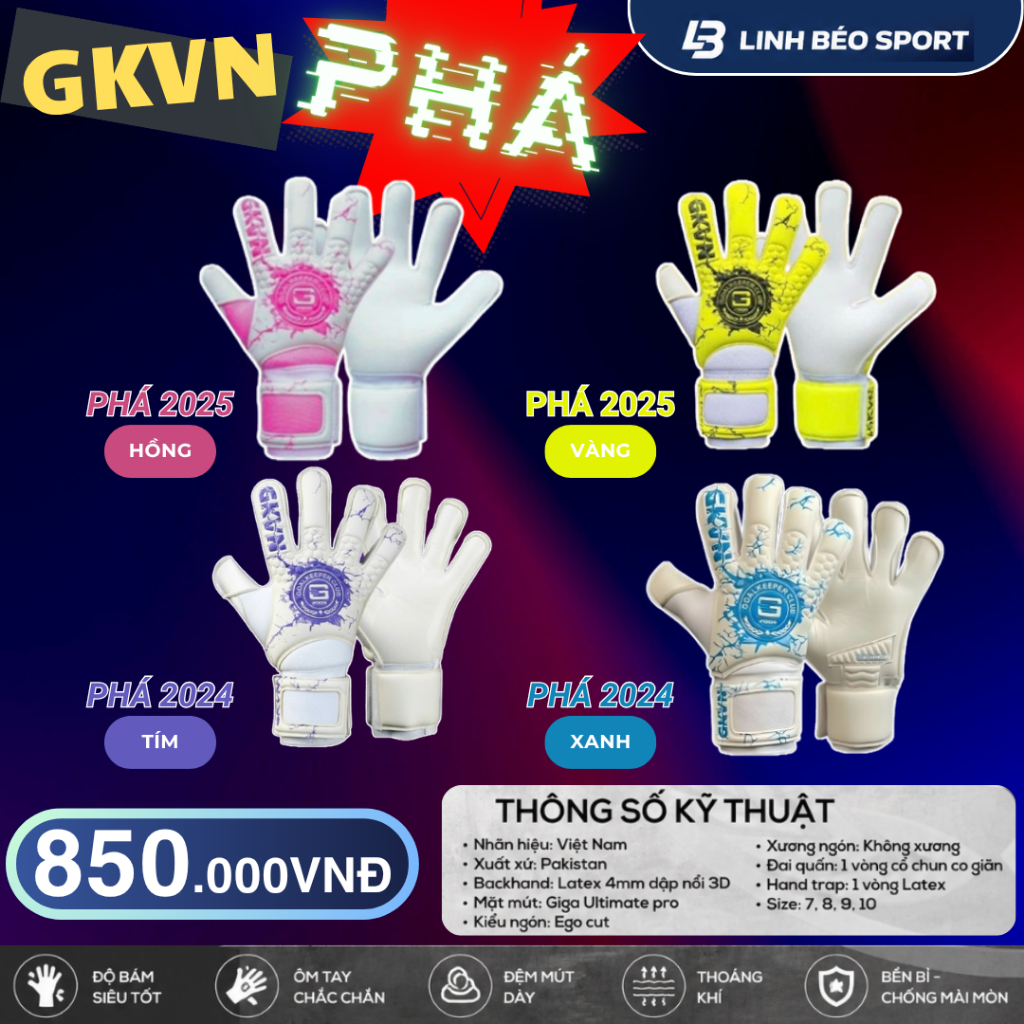 Găng Tay Thủ Môn GKVN PHÁ 2025 Mút PRO GIGA Siêu Dính Siêu Bền Latex 4mm Size 7 8 9 10
