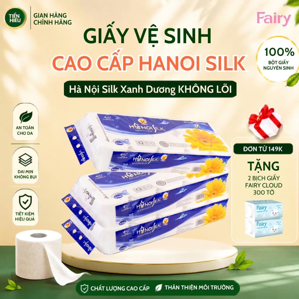 Giấy Vệ Sinh HaNoi Silk Xanh Dương 3 Lớp, Bịch 10 Cuộn Không Lõi Mềm Mịn, Tan Ngay Trong Nước