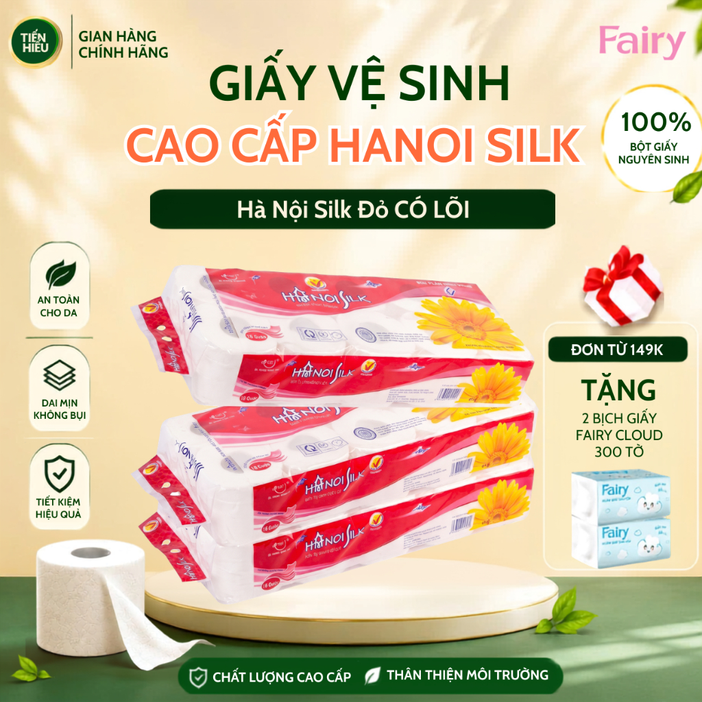 Giấy Vệ Sinh HaNoi Silk Đỏ 3 Lớp, Bịch 10 Cuộn Có Lõi Mềm Mịn, An Toàn, Tan Ngay Trong Nước