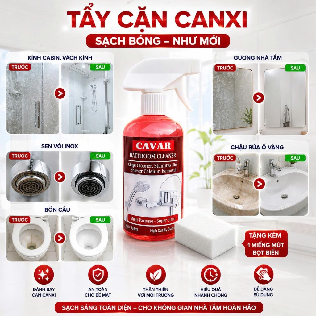 [SẠCH BÓNG]Tẩy Cặn Canxi Vách Kính, Gương - Vệ Sinh Nhà Tắm - Chai Xịt Làm Sạch Vòi Rửa, Sen - Tẩy T