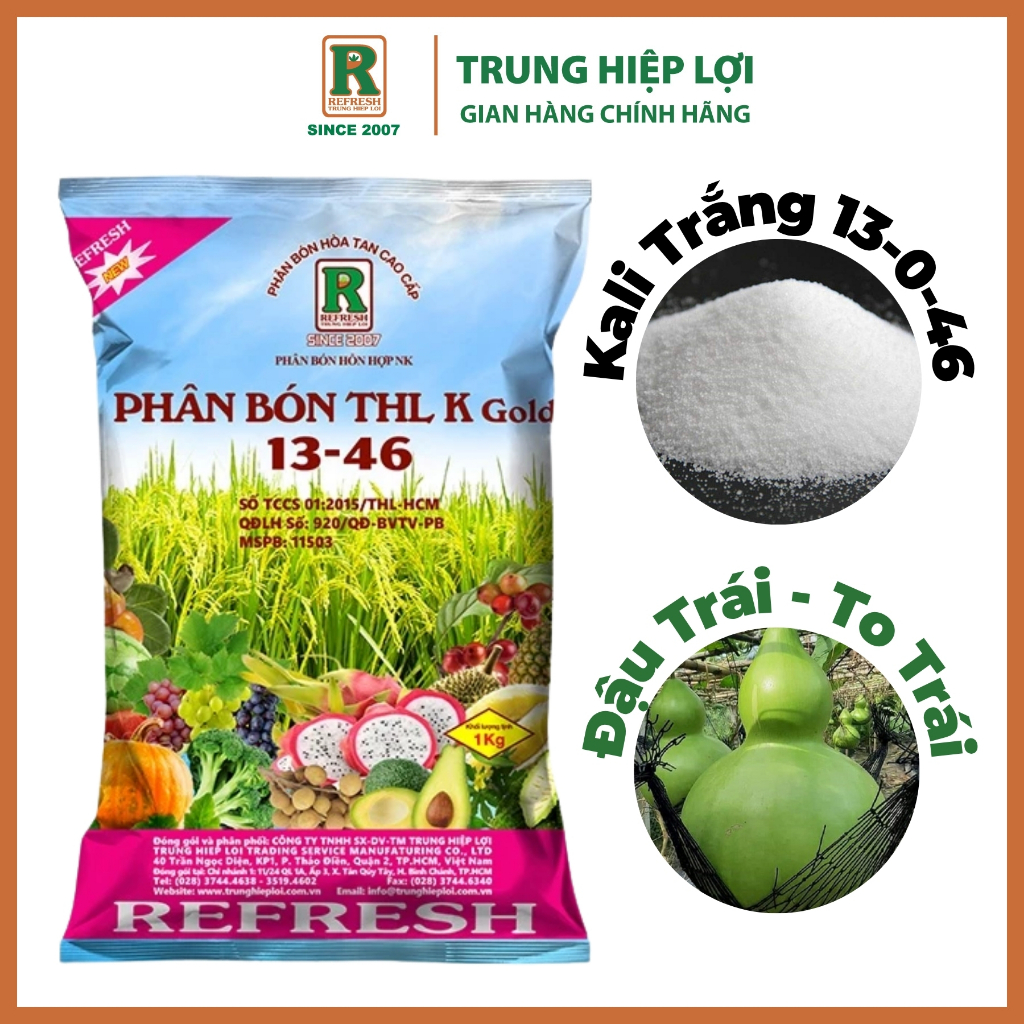 Phân Bón NPK 13-0-46 THL K Gold (Kali Trắng) 200g 1kg, Ra Hoa Hàng Loạt, Trái To Ngọt Trung Hiệp Lợi