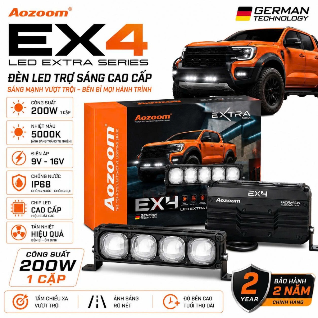 Aozoom Ex4, Đèn Trợ Sáng Aozoom EX4 Nhiệt Màu 5000K Công Suất 200w 1 cặp Chống Nước IP68 - BH 24T