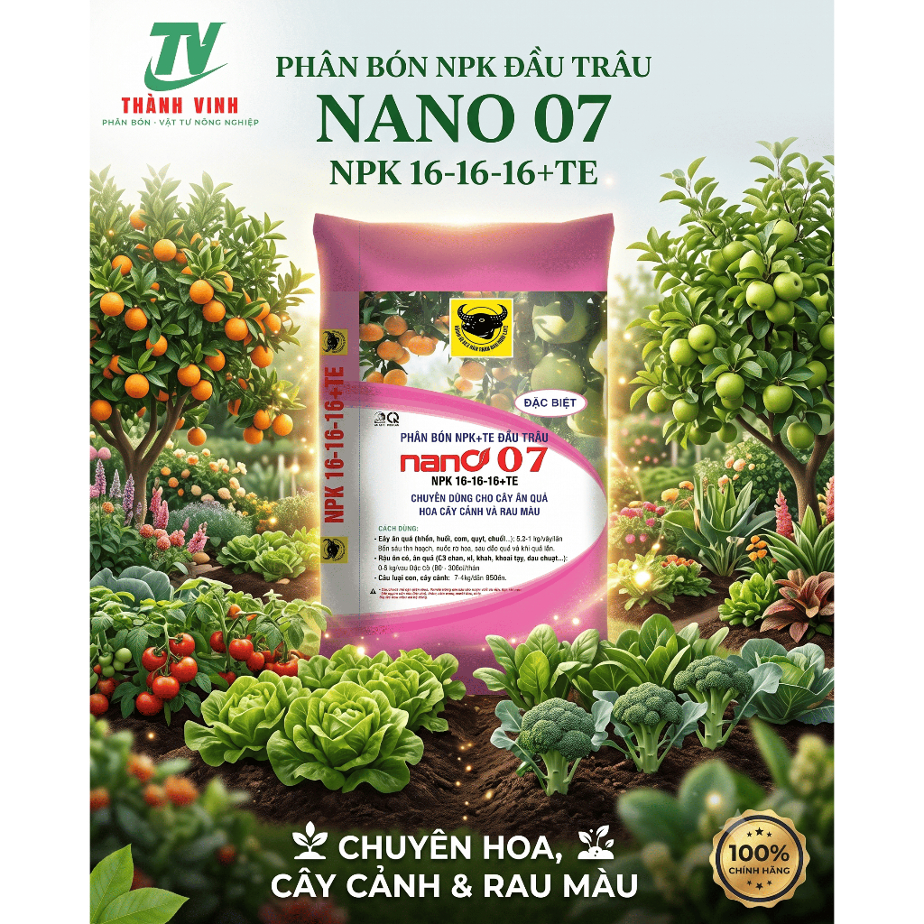 Phân NPK đầu trâu 16-16-16+TE (Loại Đặc Biệt) Chuyên dùng cho cây ăn trái (chia từ bao 25kg)