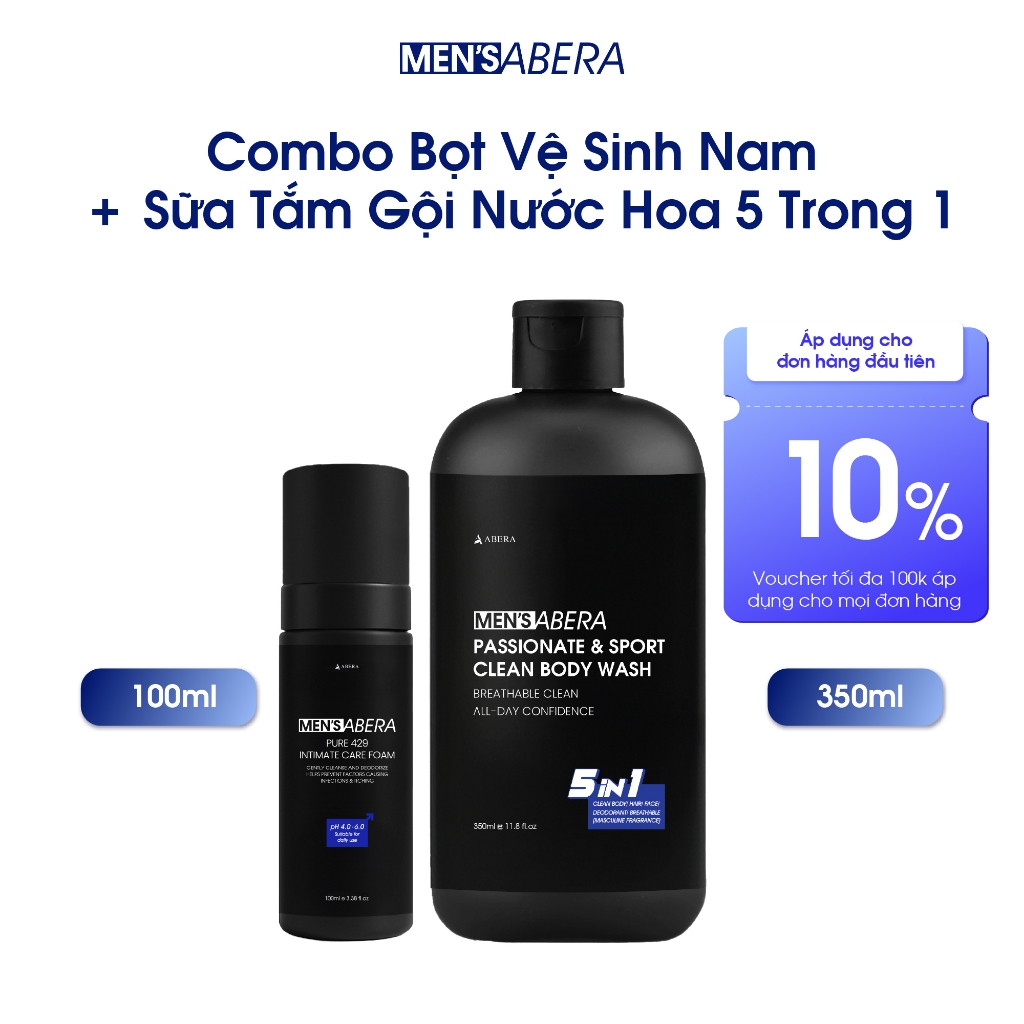 Combo Sữa Tắm Gội Nước Hoa 5 Trong 1 + Bọt Vệ Sinh Nam MEN'ABERA - Hỗ Trợ Làm Sạch, Khử Mùi, Sạch Th
