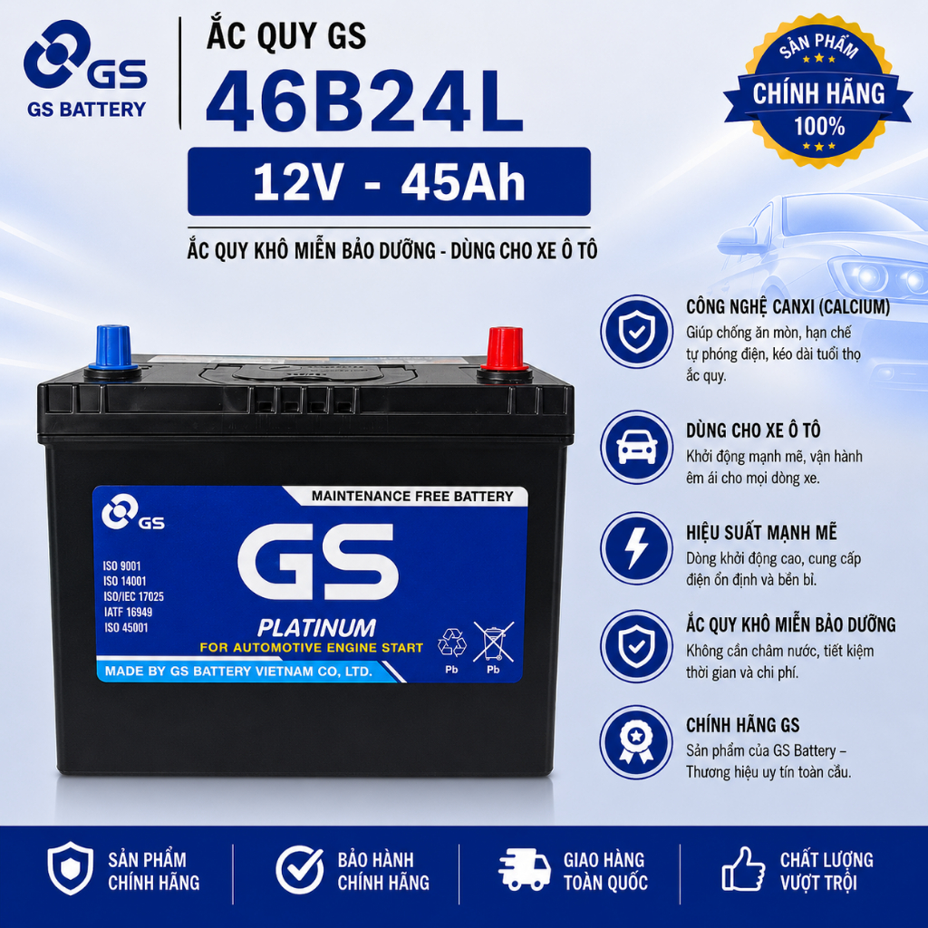 ắc quy 12v miễn bảo dưỡng gs MF 46B24L (12V, 45ah) cọc nhỏ, sài cho xl7, xpander, city, etiga