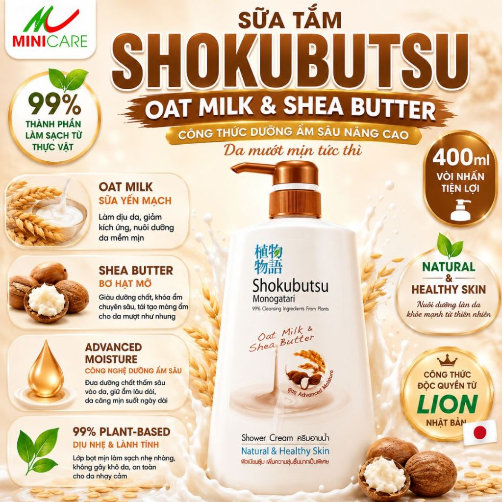 Sữa tắm Shokubutsu Oat Milk & Shea Butter (400ml)