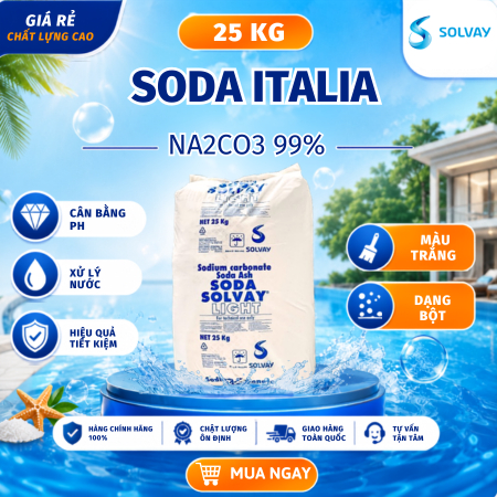 Bao 25KG Soda Ash Light (Na2CO3) Tăng pH, Làm Mềm Nước, Tẩy Rửa - Nhập Khẩu Italy