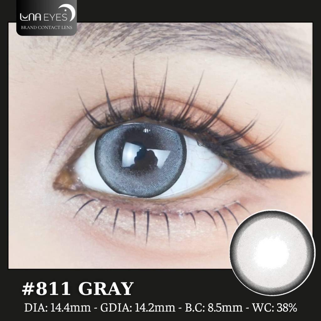 [6 tháng] Lens mắt 811 Gray màu xám sáng, viền đen mảnh, size to - thương hiệu LUNA EYES