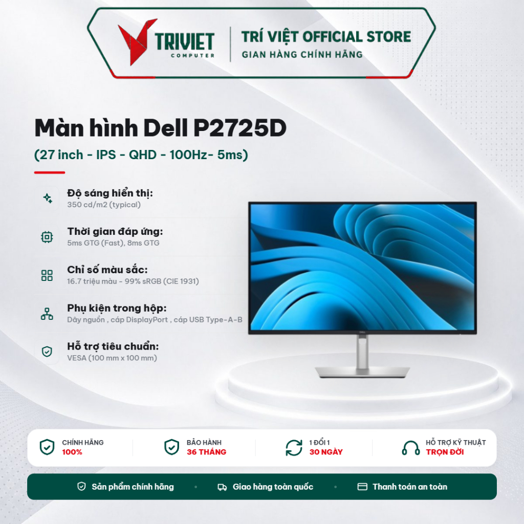 Màn Hình Dell P2725D 27 Inch QHD IPS 100Hz 5ms HDMI DisplayPort Chuyên Văn Phòng Đồ Họa