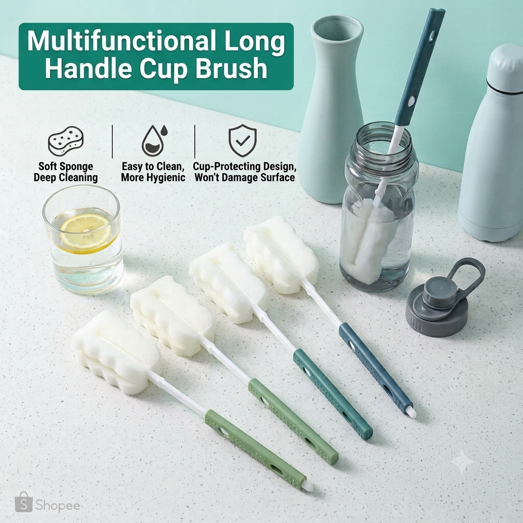 Long Handle Cup Brush Sponge Bottle Cleaner for Thermos Glass