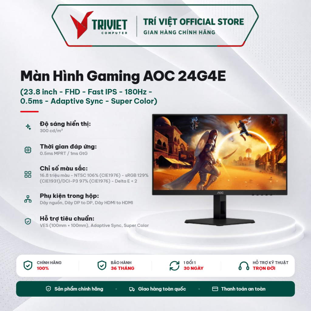 Màn Hình AOC 24G4E Gaming 23.8 Inch FHD IPS 180Hz 1ms Adaptive Sync