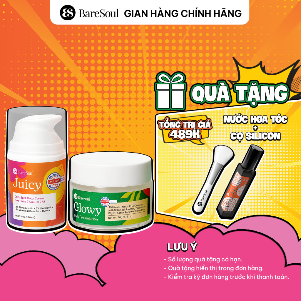 [TẶNG CỌ] COMBO Peel Glowy 50g, kem dưỡng Juicy 50g giúp làm sáng, giảm thâm mông, nách, bikini, đầu