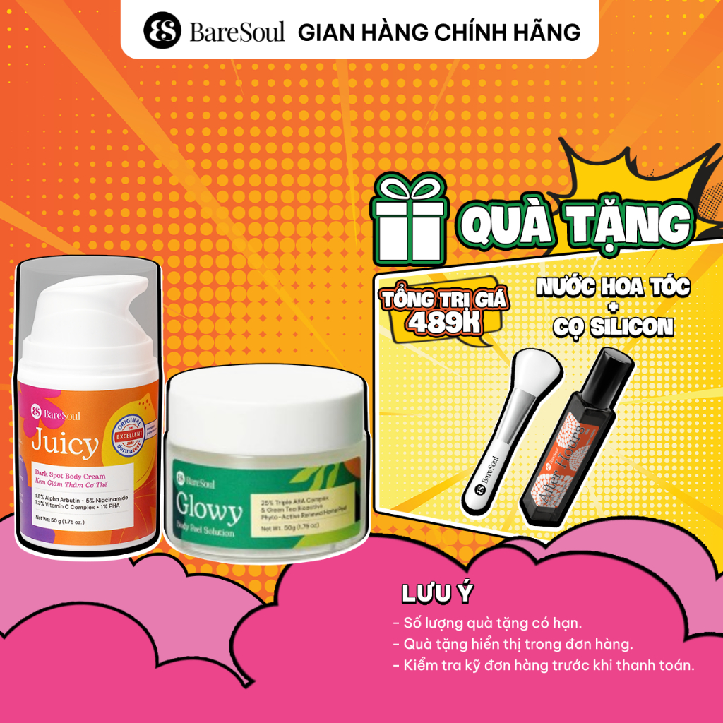 [TẶNG CỌ] COMBO Peel Glowy 50g, kem dưỡng Juicy 50g giúp làm sáng, giảm thâm mông, nách, bikini, đầu