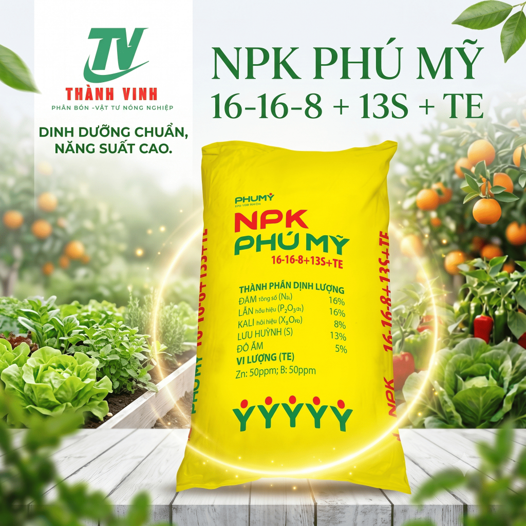 NPK 16-16-8+13S+TE Phú Mỹ và các trung vi lượng cần thiết cho cây ăn quả ,cây cảnh ,rau màu.( 1kg )