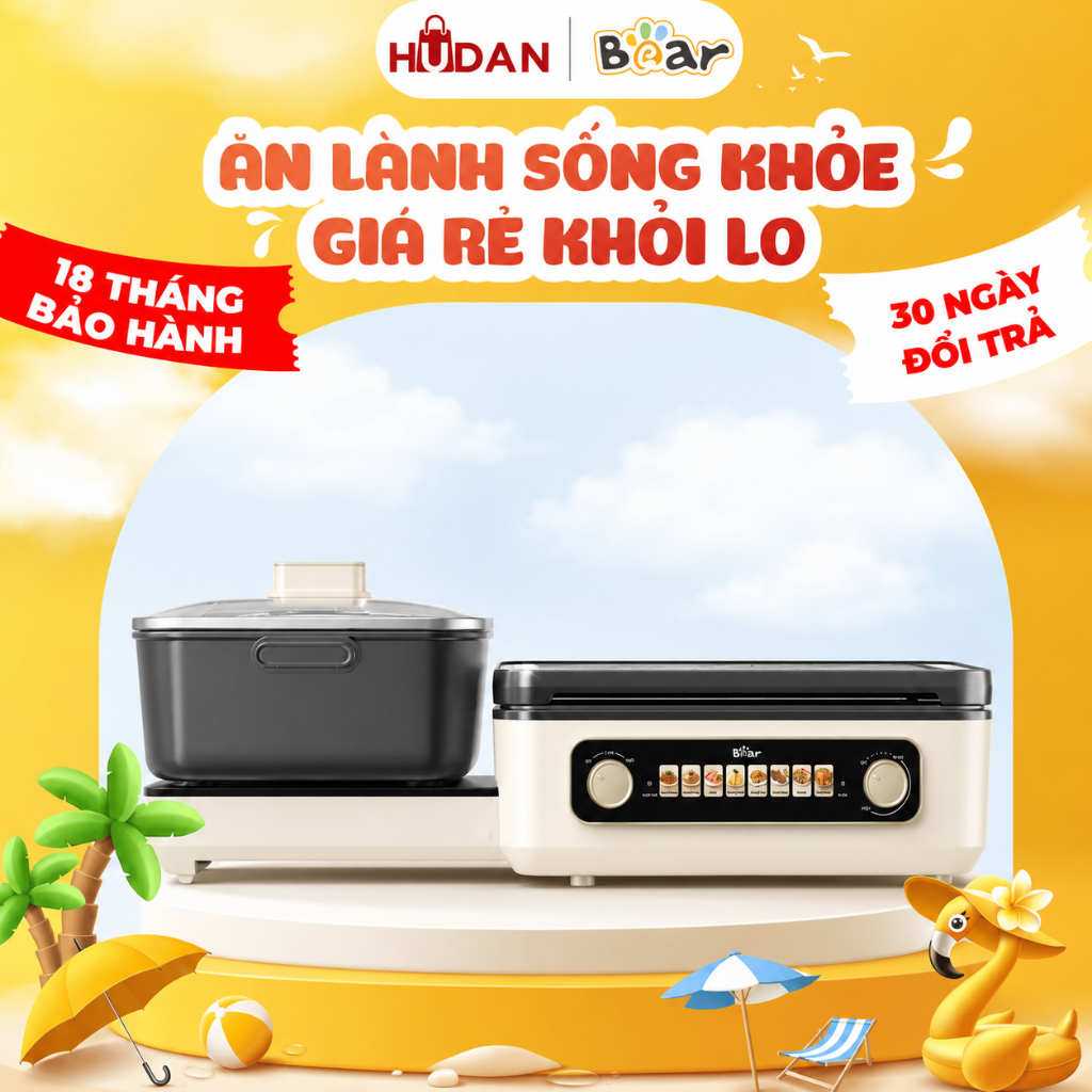 Nồi lẩu nướng BEAR 4L GR-5H22R83 Tiếng Việt Chiên Xào Áp chảo + Lẩu 2in1 BH 18 tháng