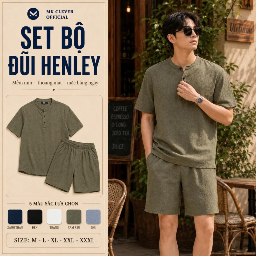 Set Bộ Đũi Henley MK CLEVER Chất liệu Đũi Nhật mềm mịn thoáng mát, chống nhăn, form rộng hằng ngày