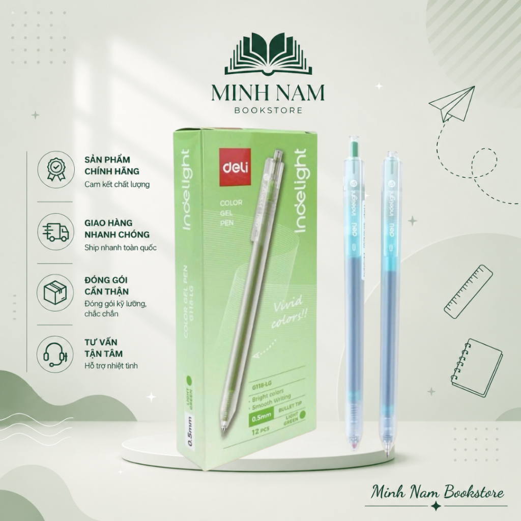 [Combo 2 Cây] Bút gel mực xanh lá nhạt Deli EG118 viết gel pen DELI G118
